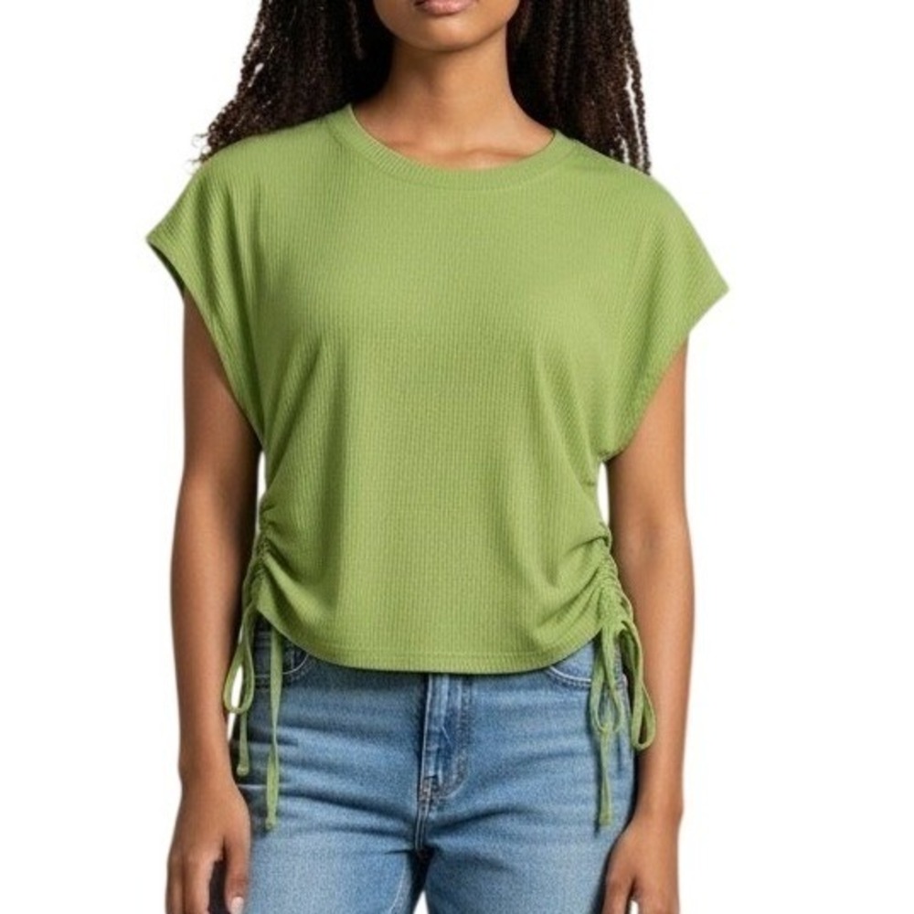 Wilfred Aritzia Ruched Side Tie Top Womens Size‎ S Lime Green Ribbed Cap Sleeve